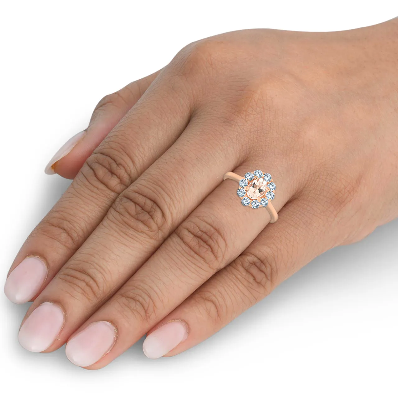 1 1/4 Ct TW Oval Morganite Halo Diamond Ring 14k Rose Gold