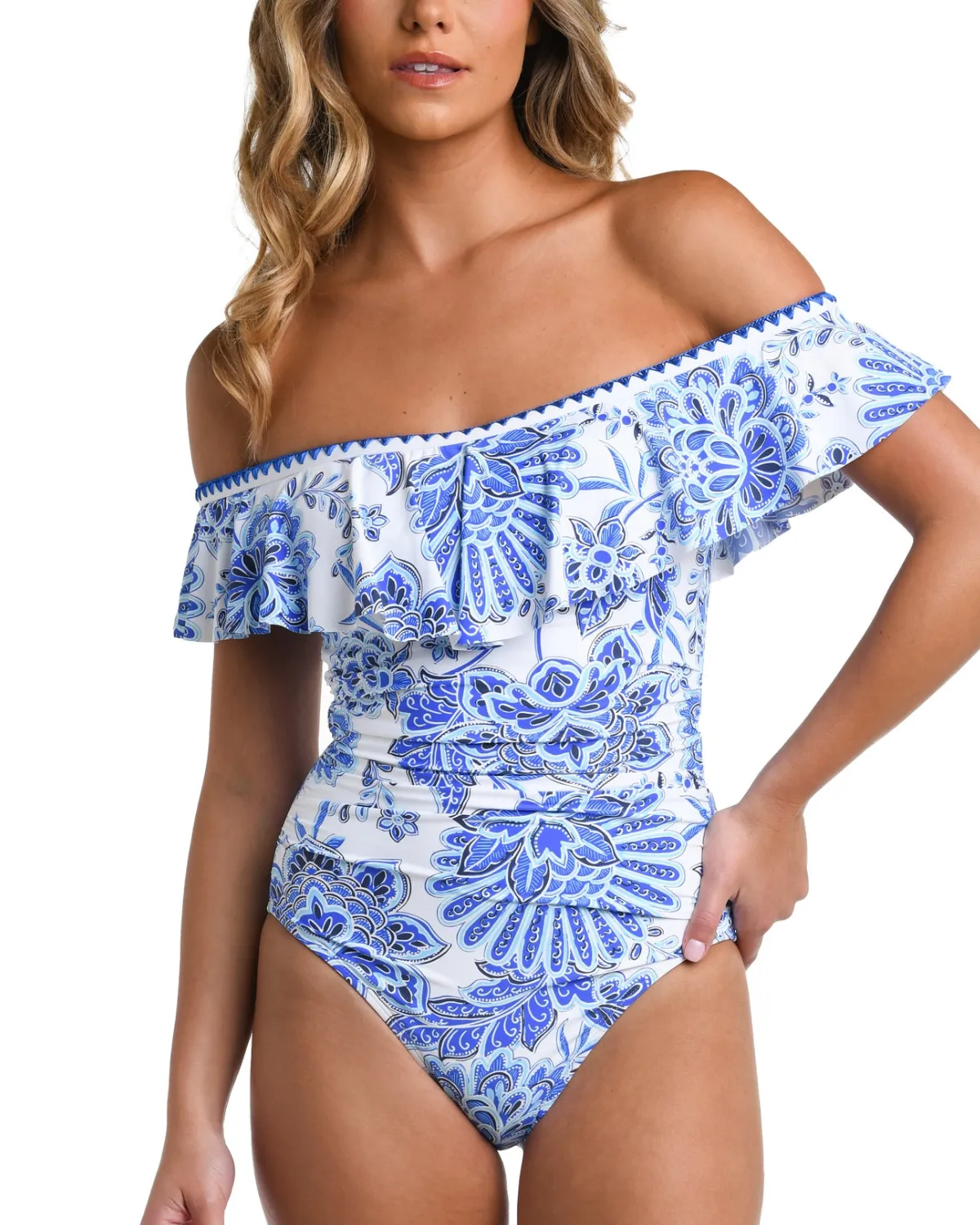 2024 La Blanca Beyond The Pacific Off Shoulder Ruffle One Piece - Lb4bq11