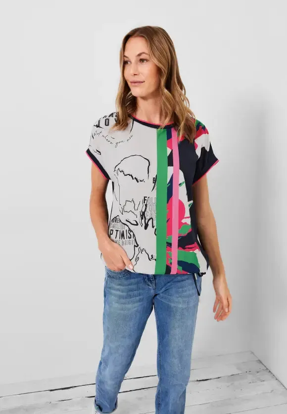 319223- Abstract Print top w/ drawstring- Cecil