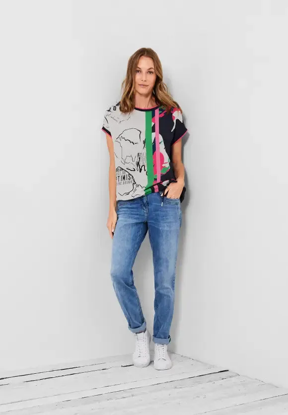 319223- Abstract Print top w/ drawstring- Cecil