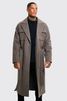 4 Pocket Longline Belted Overcoat | boohooMAN UK