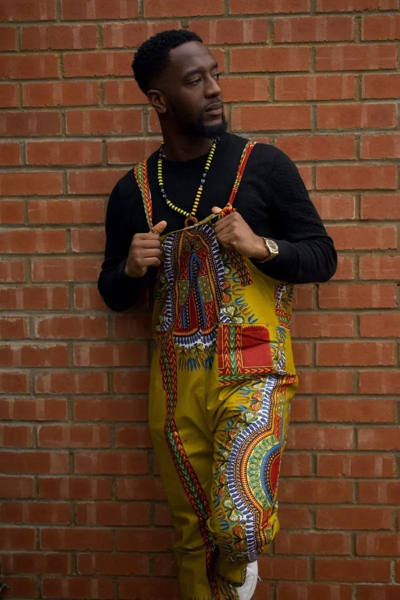 African Dungarees in Brown Dashiki Print - Festival Dungarees