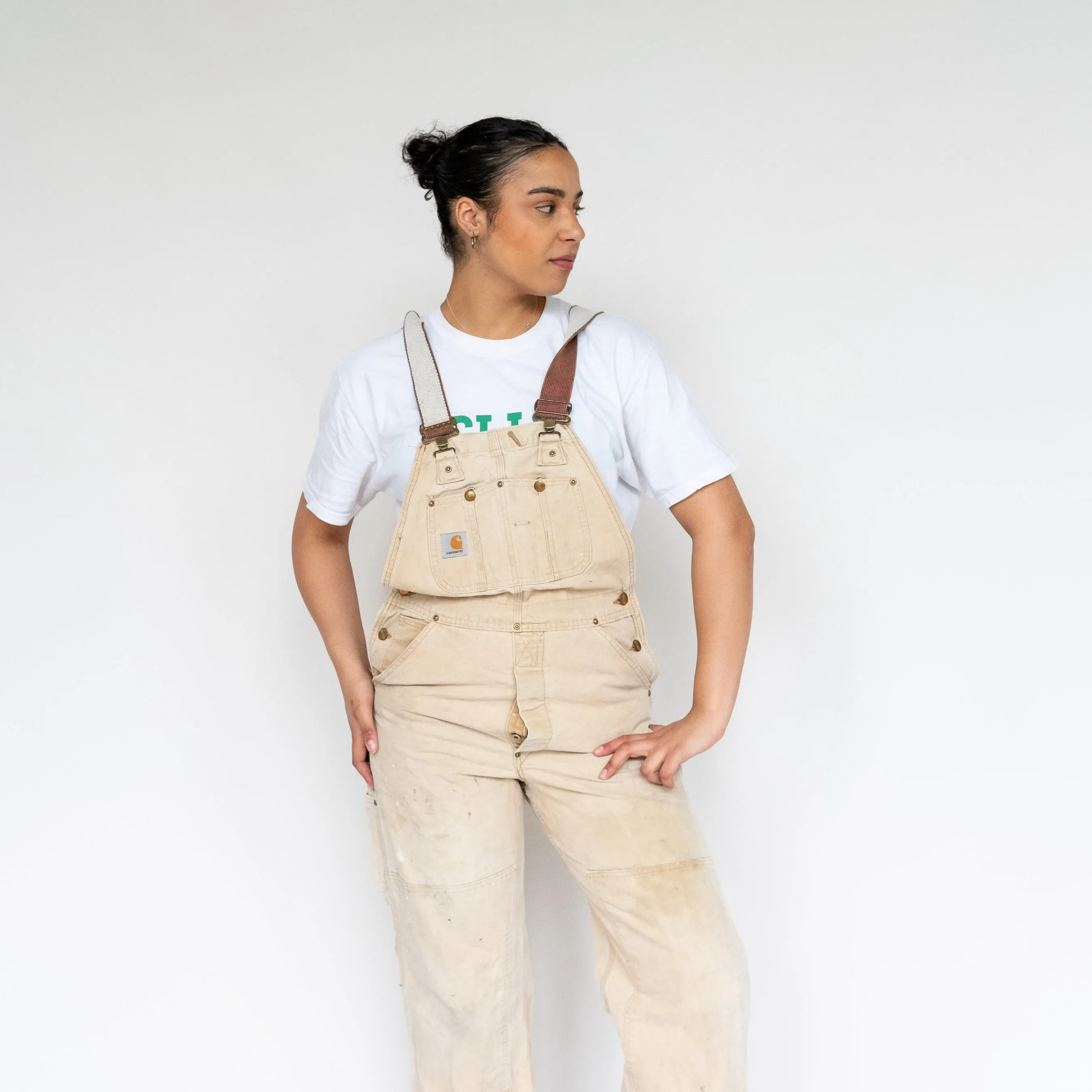 BEIGE 90S CARHARTT CANVAS BAGGY DUNGAREES (