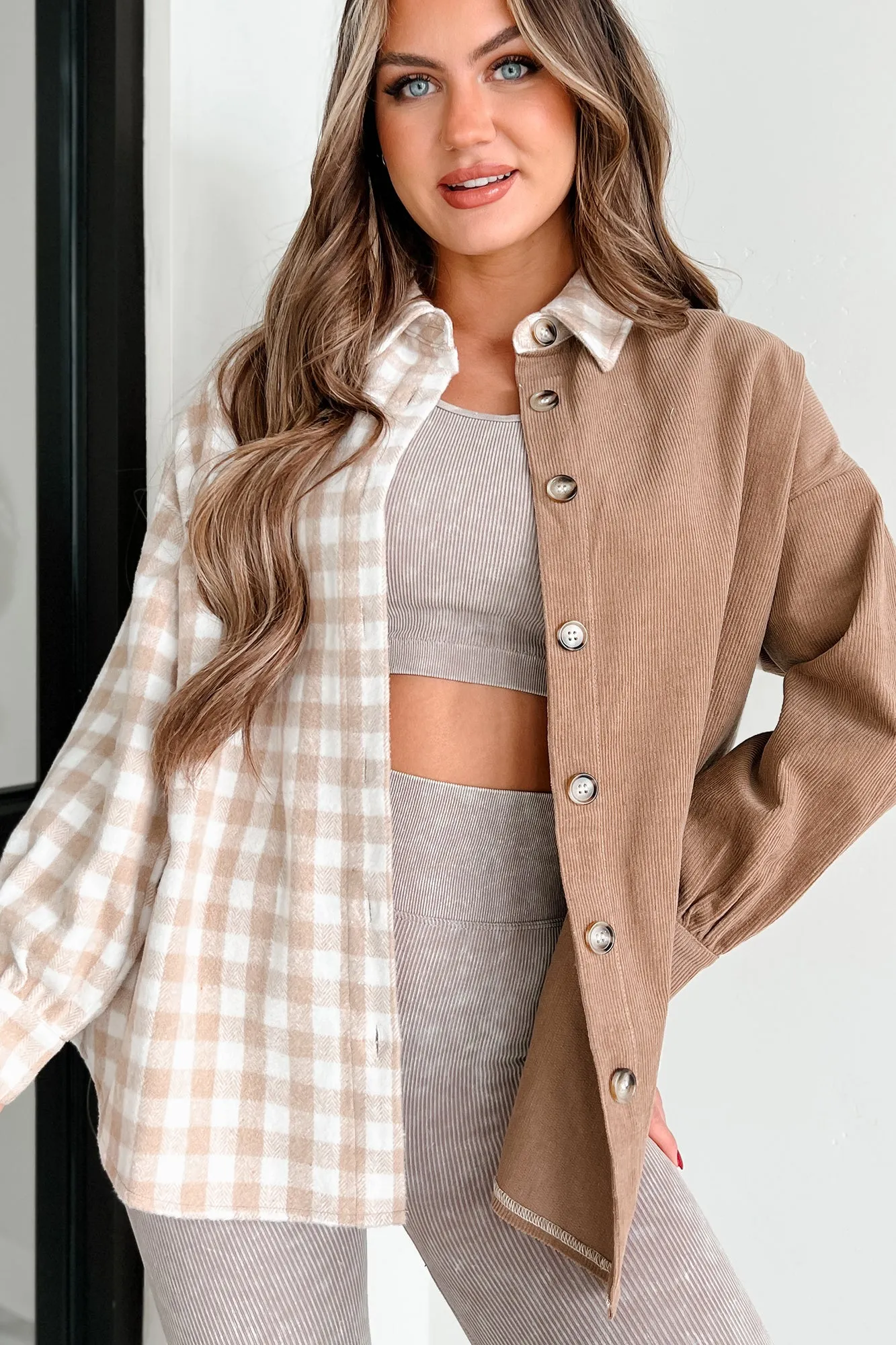 Benton Corduroy Plaid Shacket (Taupe Tan)