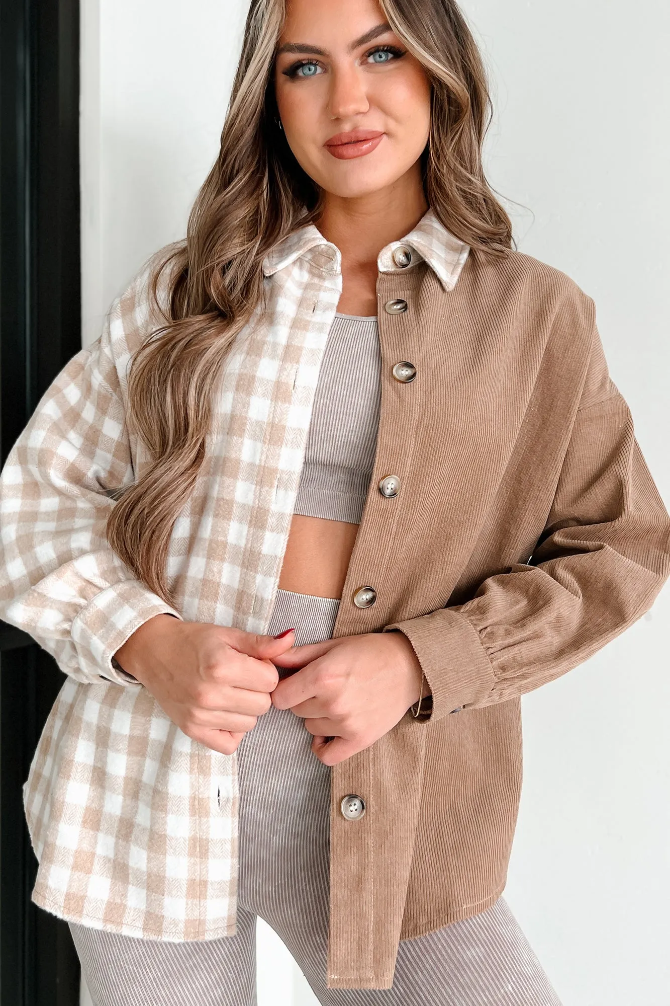 Benton Corduroy Plaid Shacket (Taupe Tan)