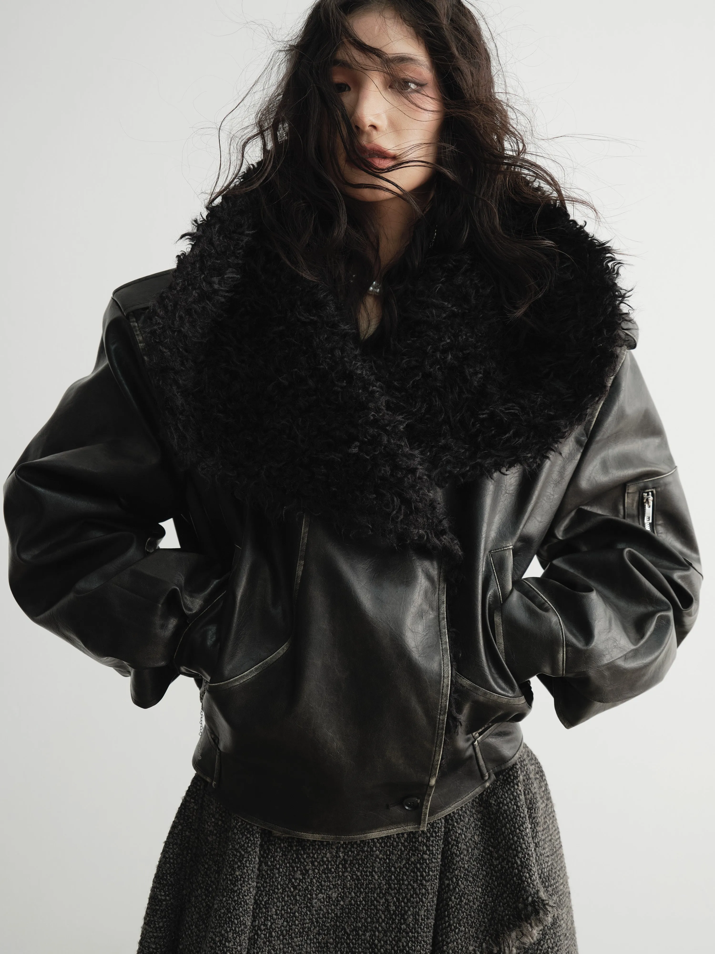 Big Fur Collar Distressed PU Leather Jacket