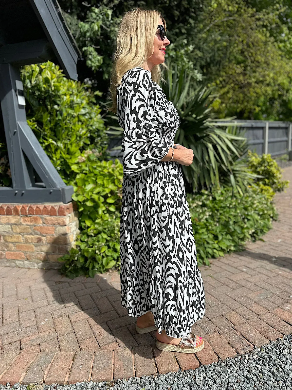 Black Flared Sleeve Patterned Maxi Dress Megan