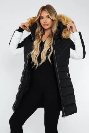 Black Fur Hood Contrast Panel Puffer Coat - Chelsie