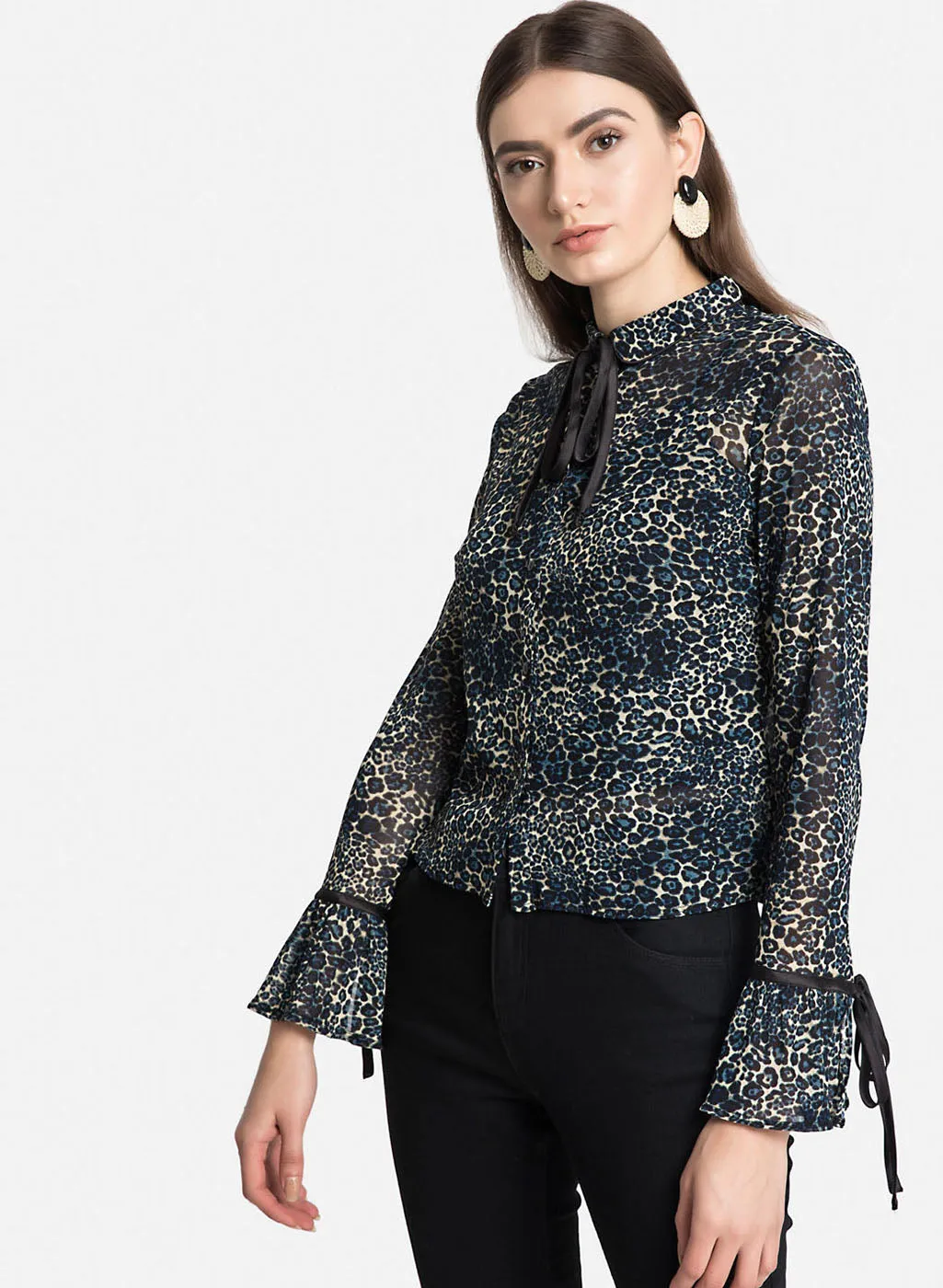 Blue Leo Print Shirt With Flared Sleeves