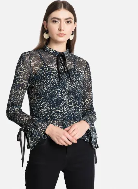 Blue Leo Print Shirt With Flared Sleeves