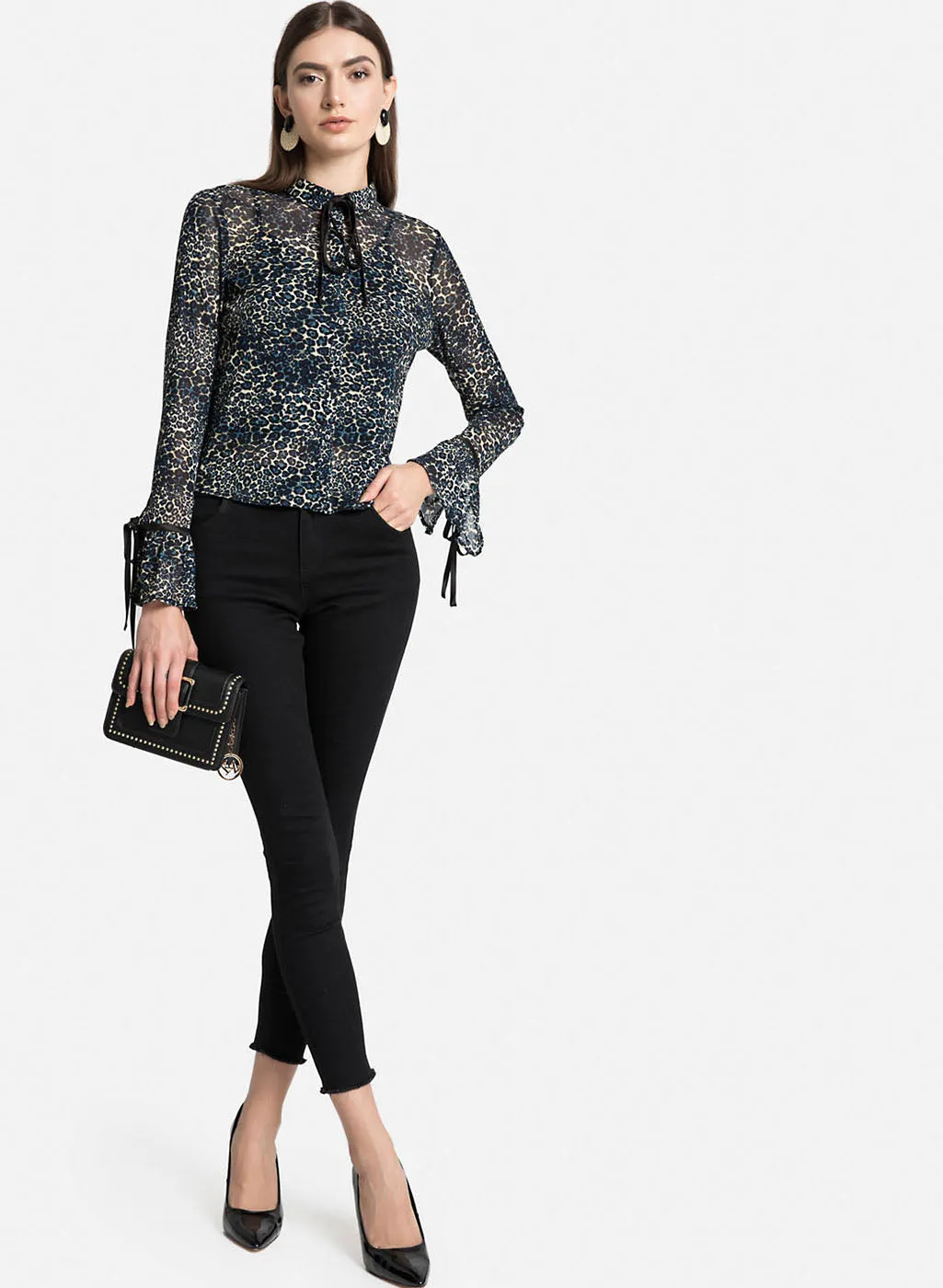 Blue Leo Print Shirt With Flared Sleeves