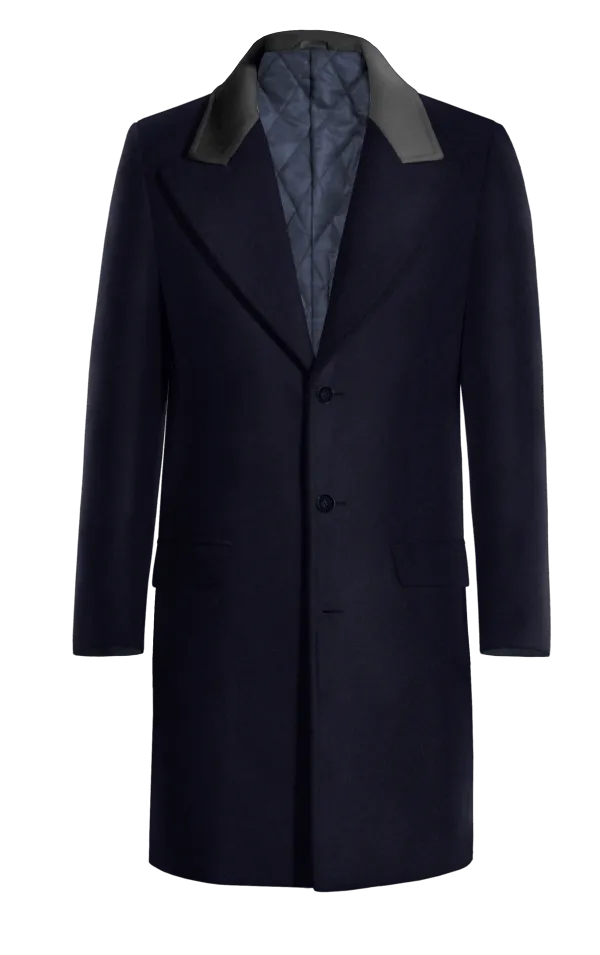 Blue Long Peak Lapel Overcoat with contrasted Collar