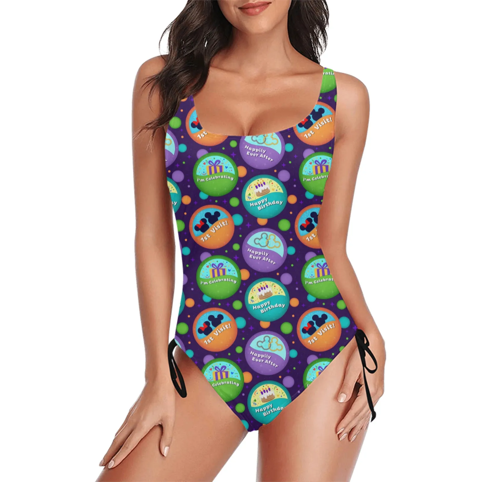 Button Collector Drawstring Side Women's One-Piece Swimsuit