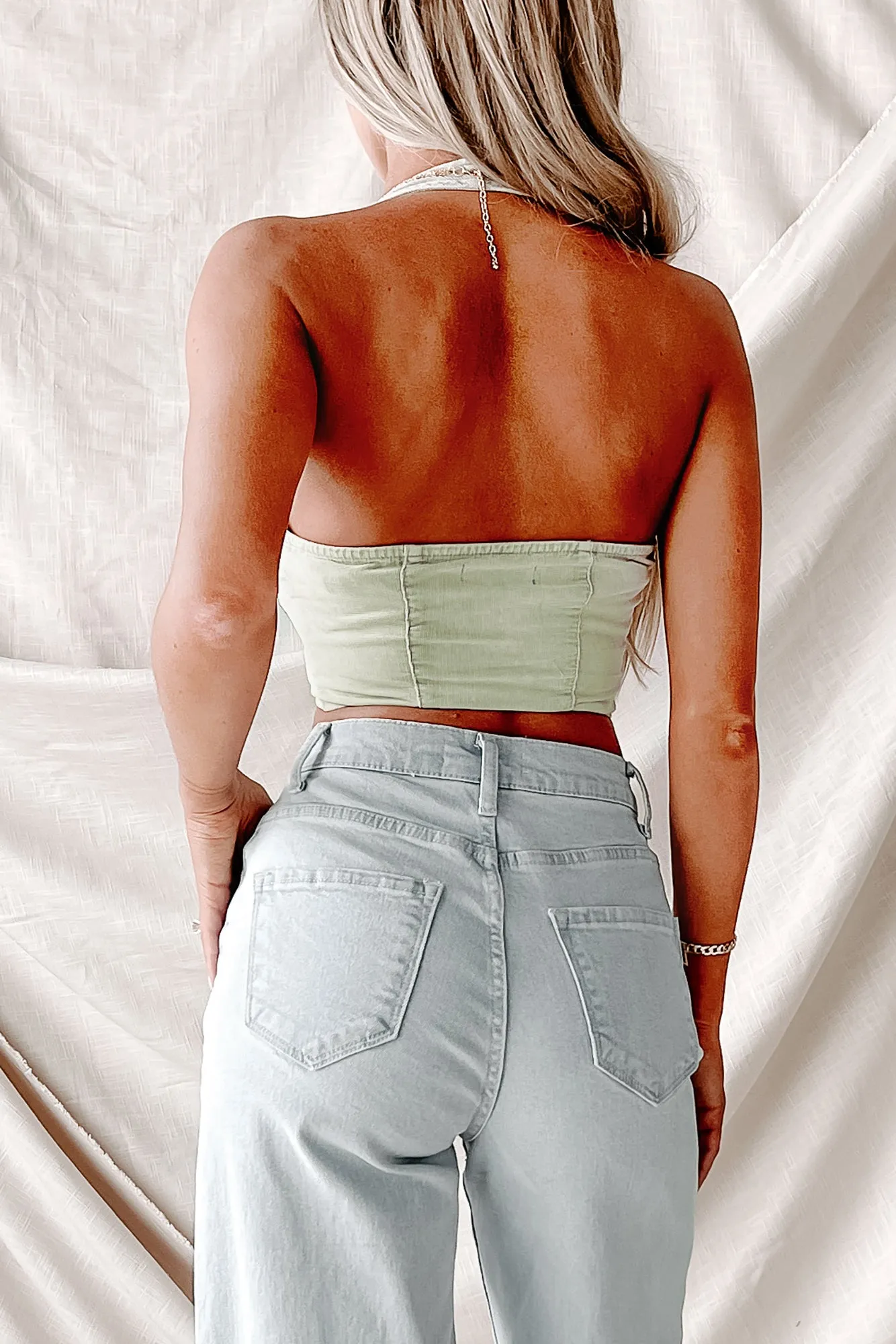 Calling My Name Corduroy Halter Neck Crop Top (Light Sage)