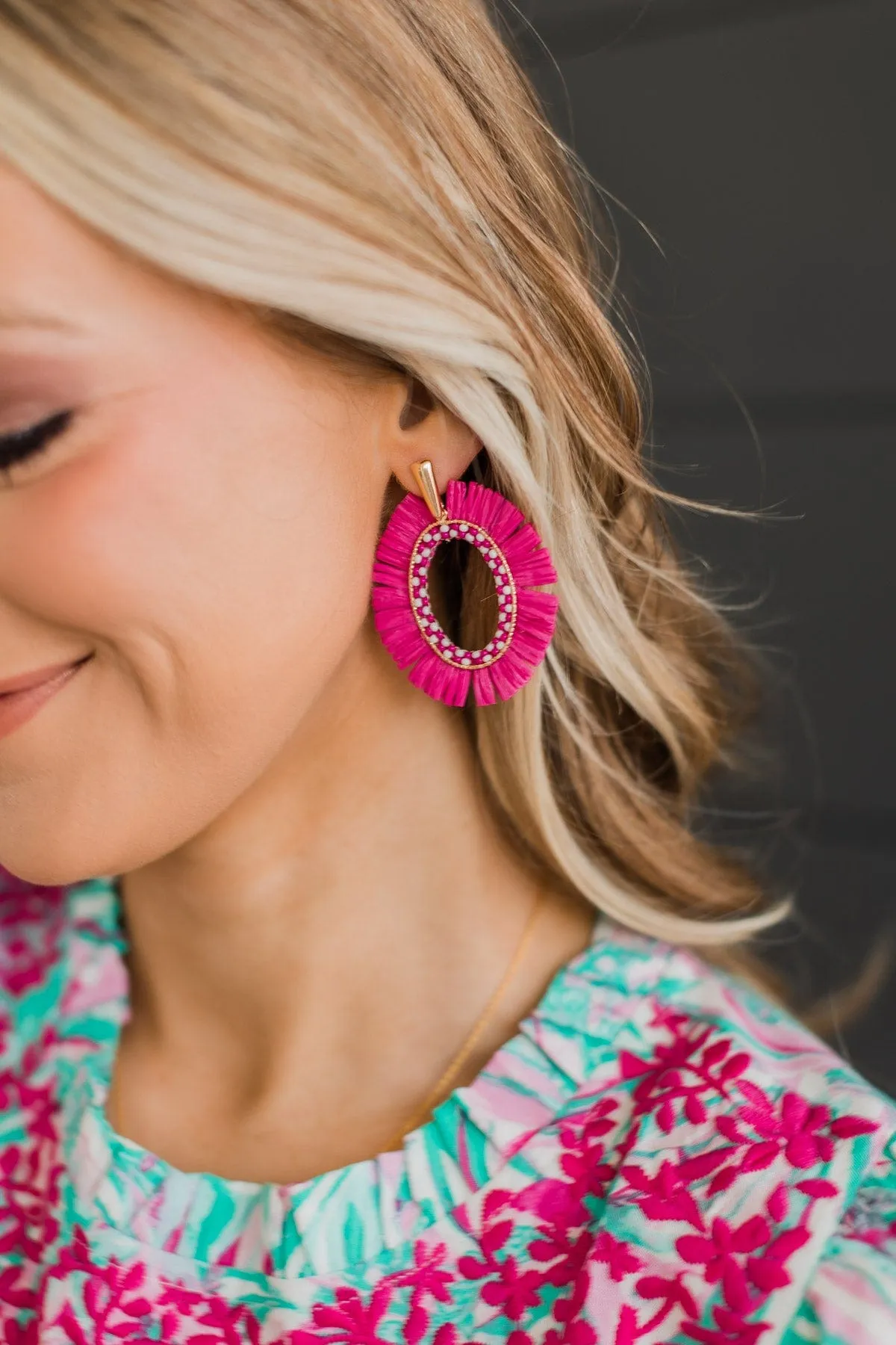 Capture This Flare Dangle Earrings- Hot Pink