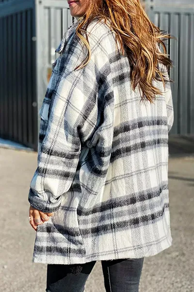 Casual Plaid Pocket Buckle Turndown Collar Outerwear