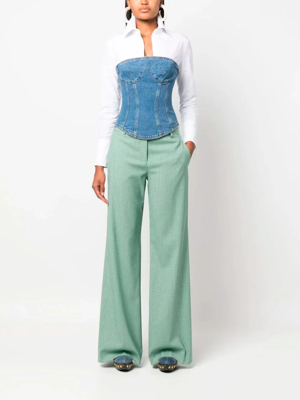 Check-print flared trousers