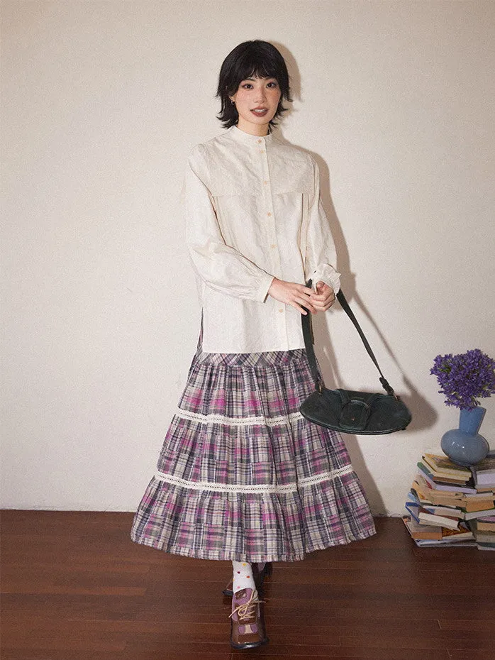 Checked Tiered Retro Girly Flare Lace Long-Skirt