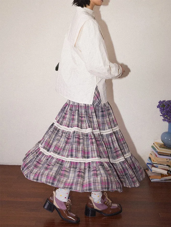 Checked Tiered Retro Girly Flare Lace Long-Skirt