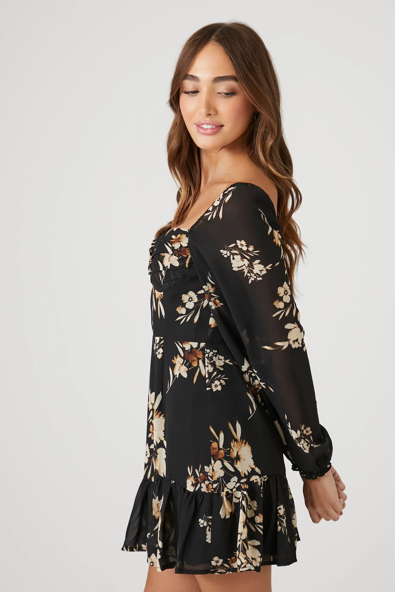 Chiffon Floral Sweetheart Long Sleeve Mini Dress