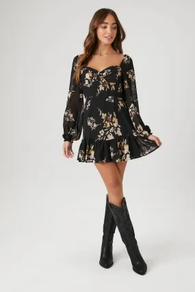 Chiffon Floral Sweetheart Long Sleeve Mini Dress