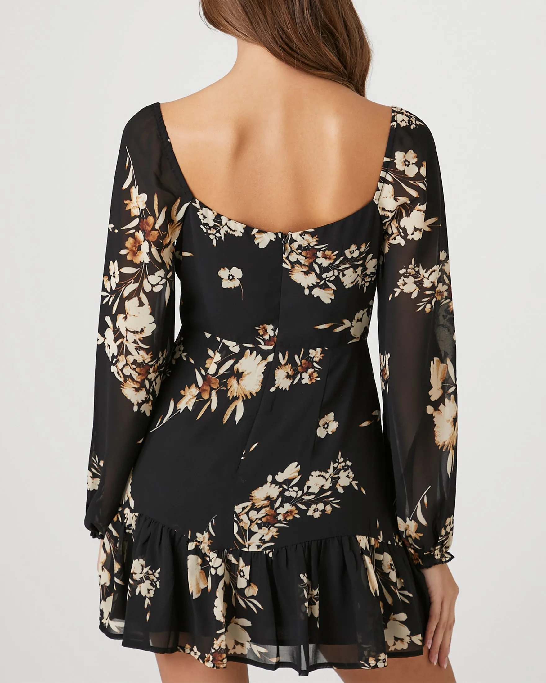 Chiffon Floral Sweetheart Long Sleeve Mini Dress