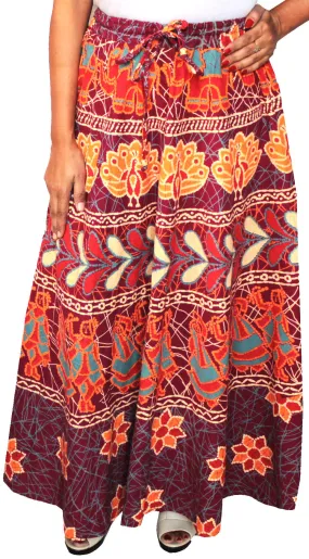 Cotton Batik Printed Womens Long Skirt India Clothing (Maroon)