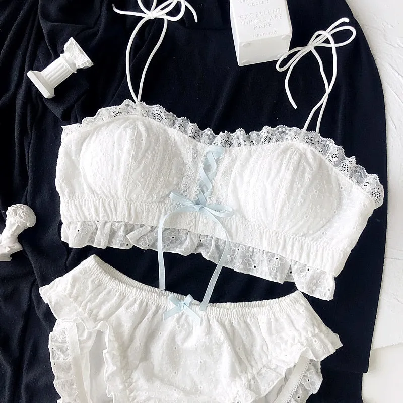 Cotton Lace Vintage Aesthetic White 2-piece Kawaii Princess Lolita Nymphet Lingerie Set