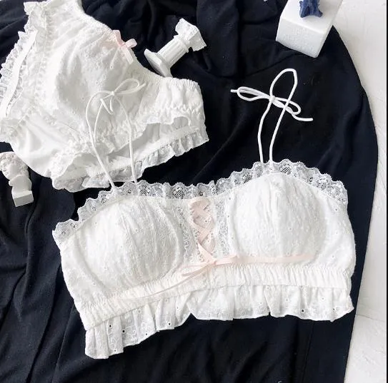 Cotton Lace Vintage Aesthetic White 2-piece Kawaii Princess Lolita Nymphet Lingerie Set