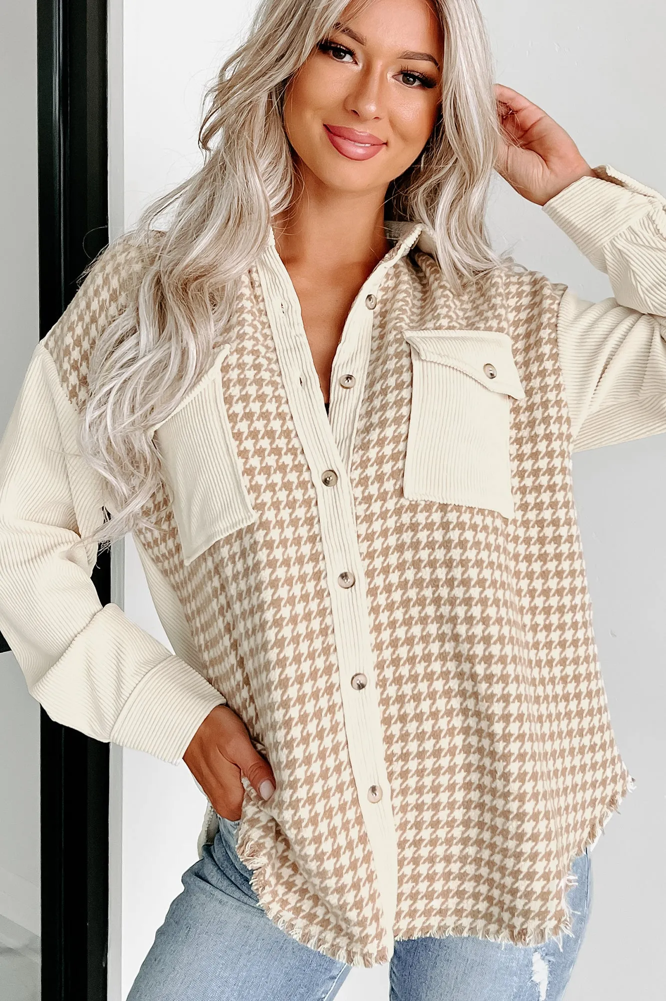 Cozy Cuteness Corduroy/Houndstooth Shacket (Khaki)