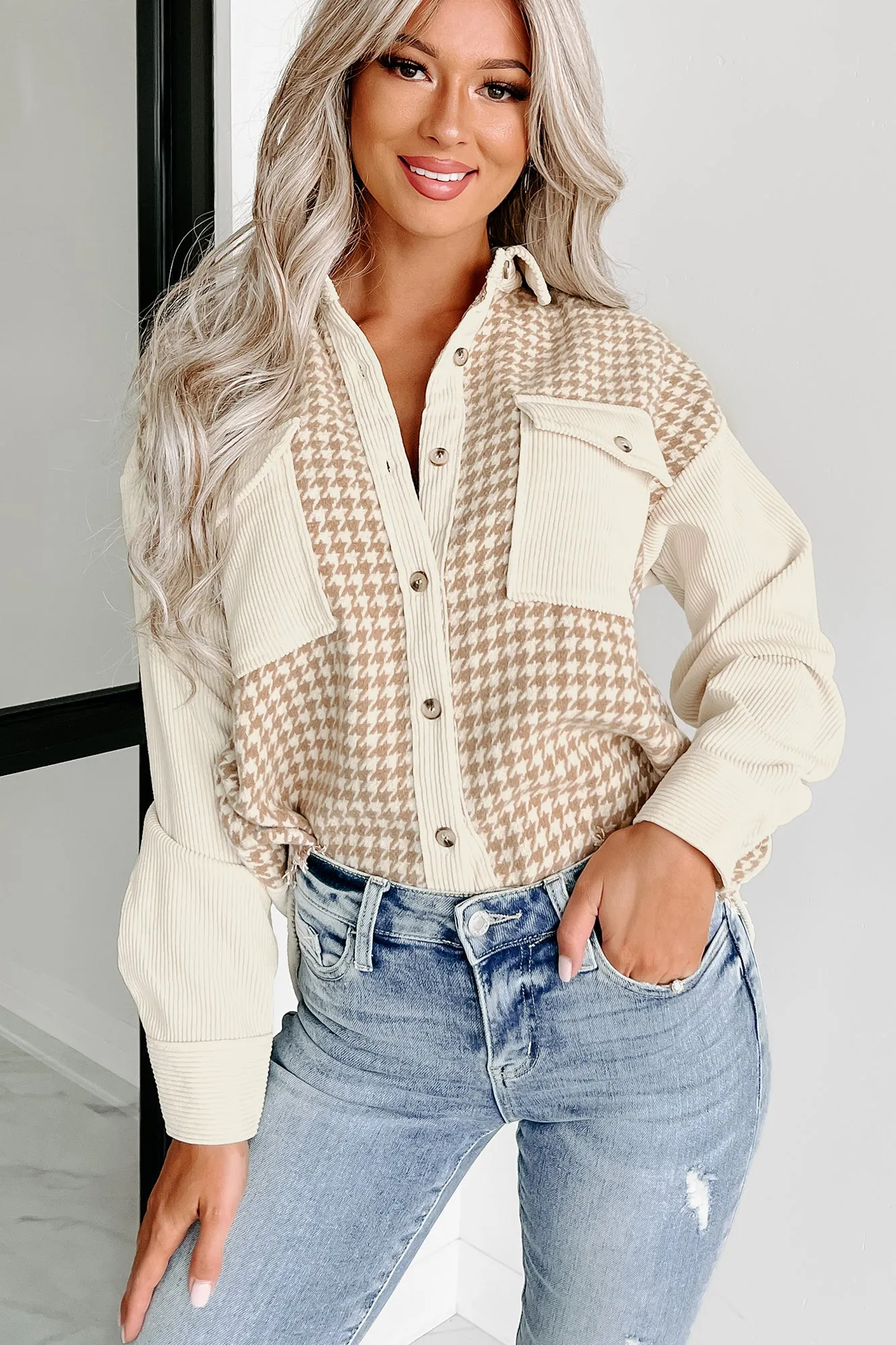 Cozy Cuteness Corduroy/Houndstooth Shacket (Khaki)