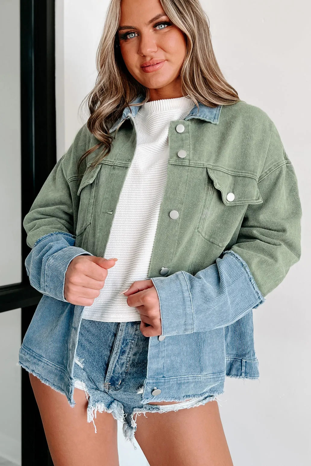 Cute In Queens Denim/Corduroy Jacket (Olive/Blue)