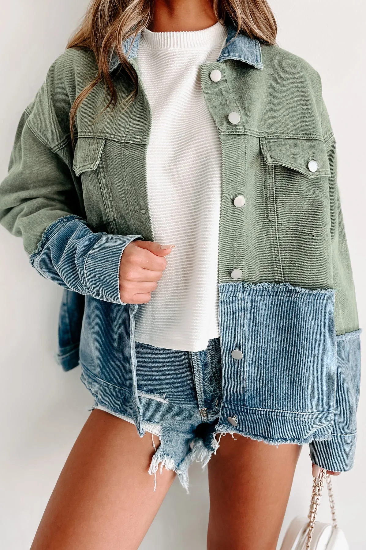 Cute In Queens Denim/Corduroy Jacket (Olive/Blue)