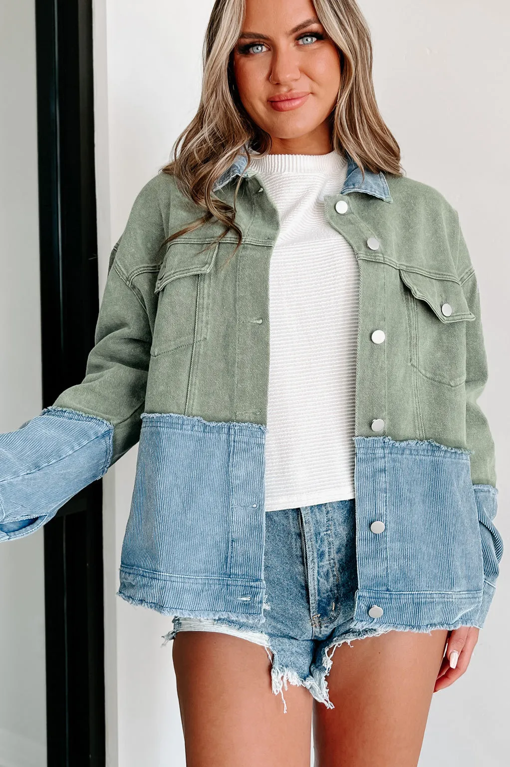 Cute In Queens Denim/Corduroy Jacket (Olive/Blue)