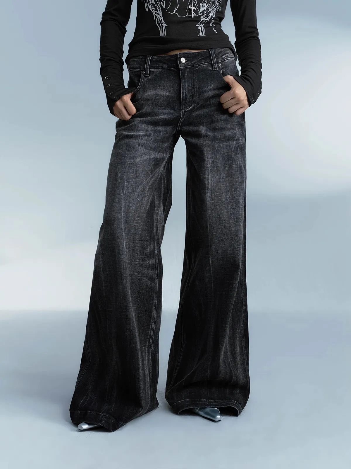 Denim Casual Wide-Leg Washed Flare-Pants