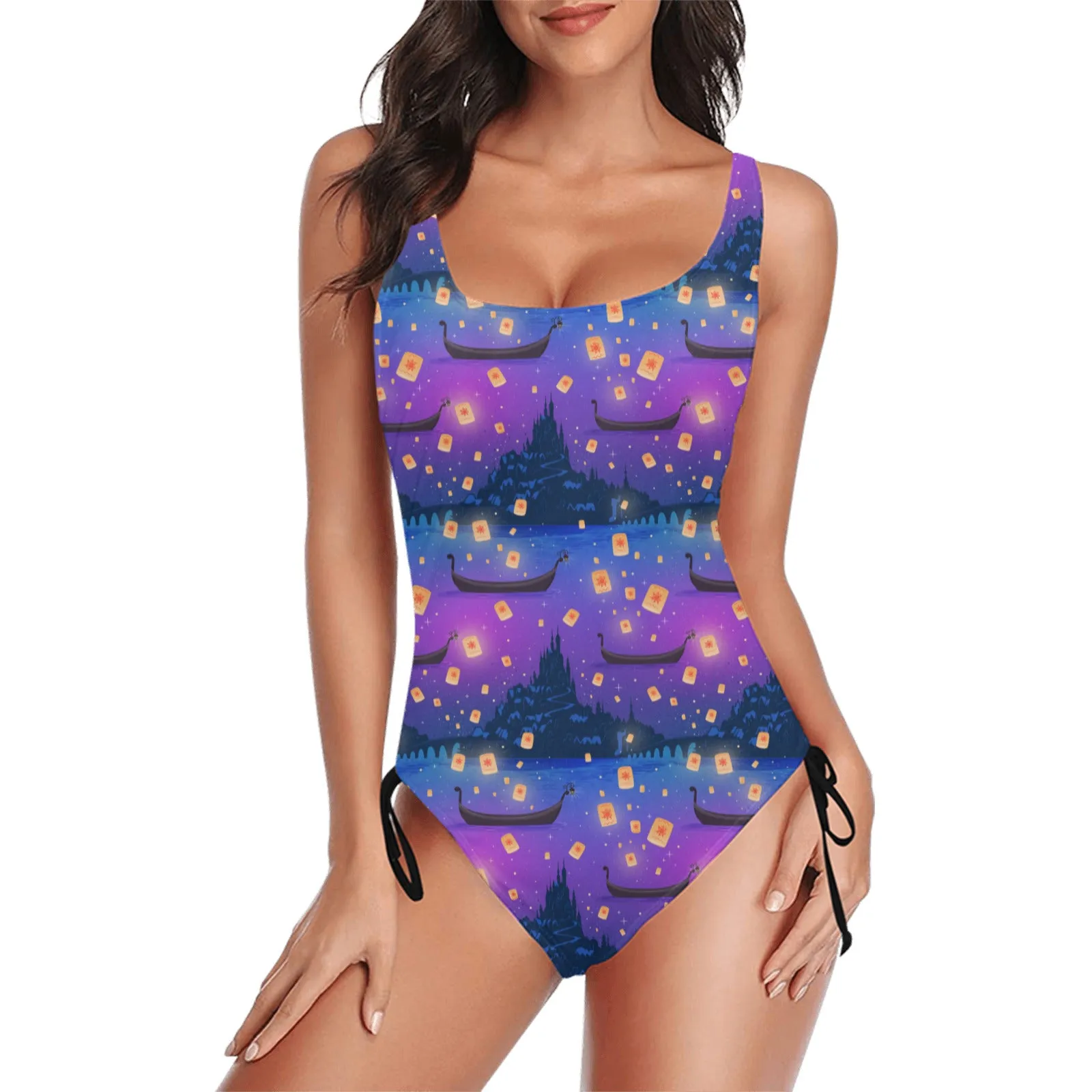 Disney Tangled Rapunzel Floating Lanterns Drawstring Side Women's One-Piece Swimsuit