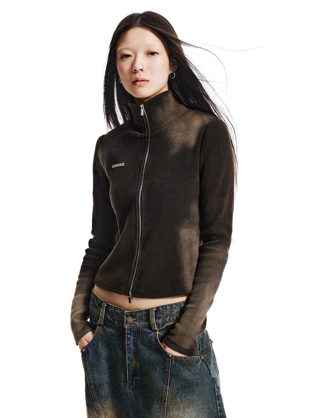 Distressed Elastic Slim Double Zipper Stand Collar Knitted Top