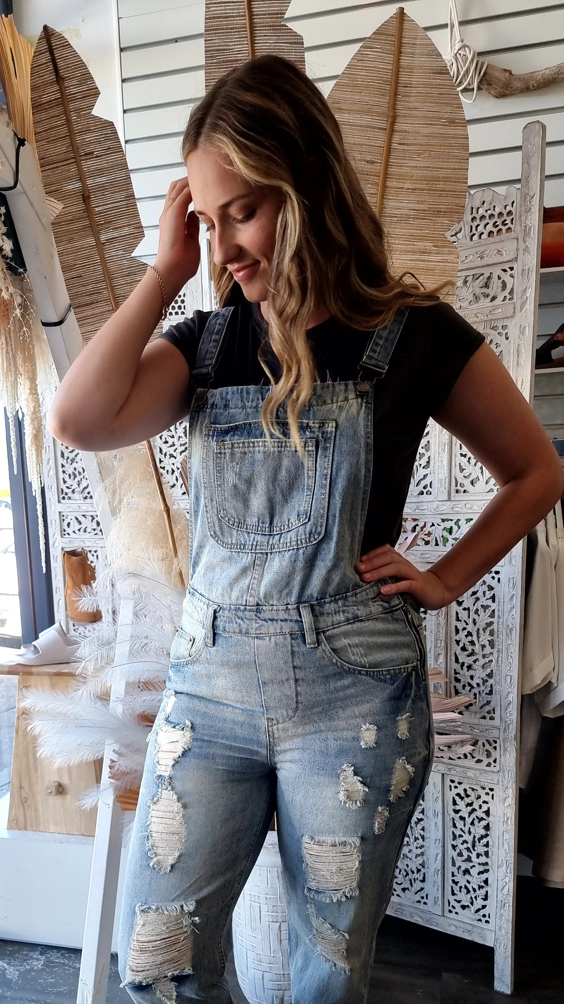 Distressed overalls