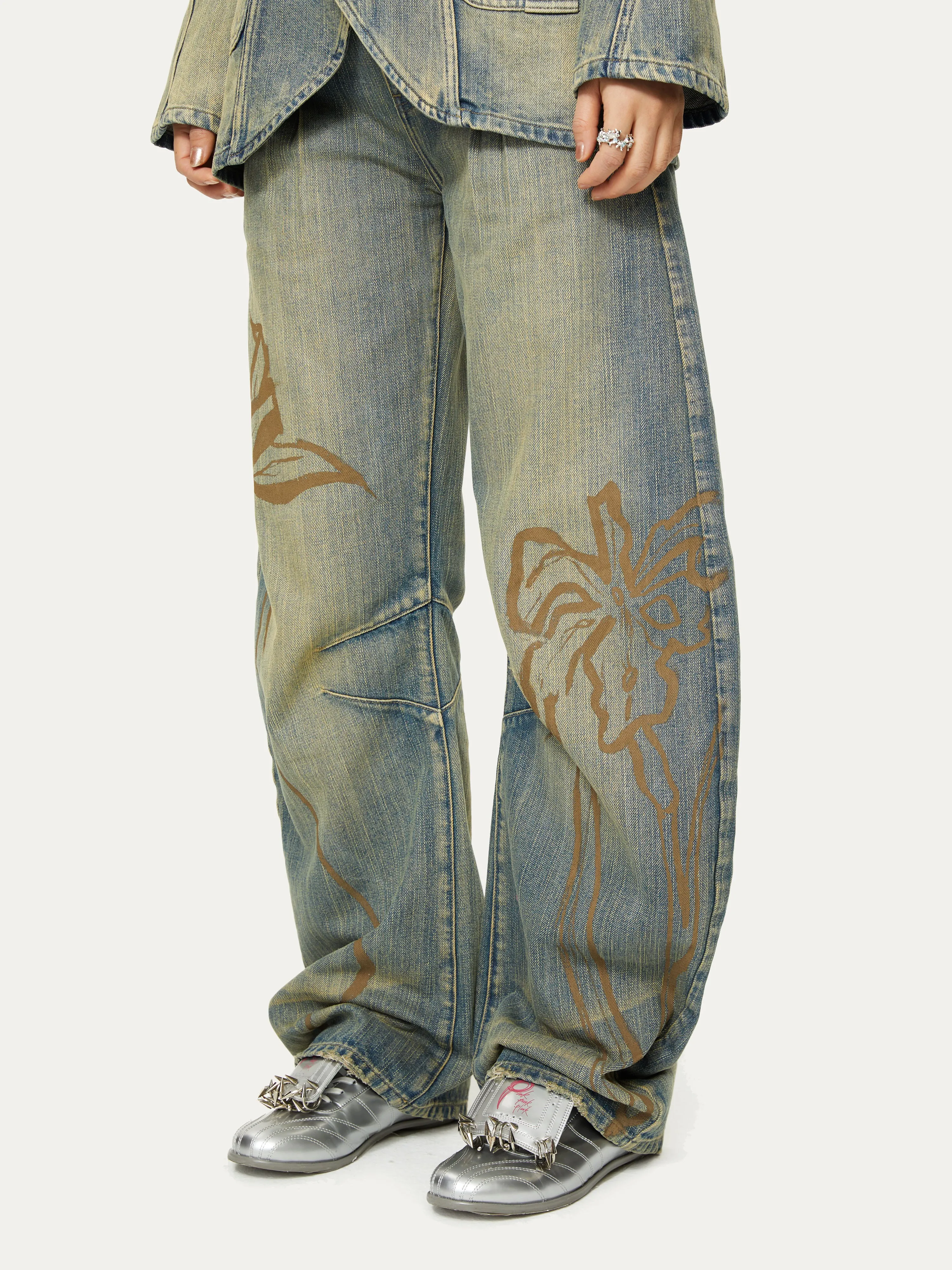 Distressed Printed Curvedl Machete Denim Pants