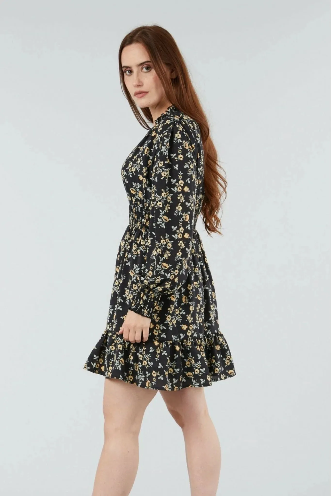 Double Second Black Printed Shirring Waist Dress