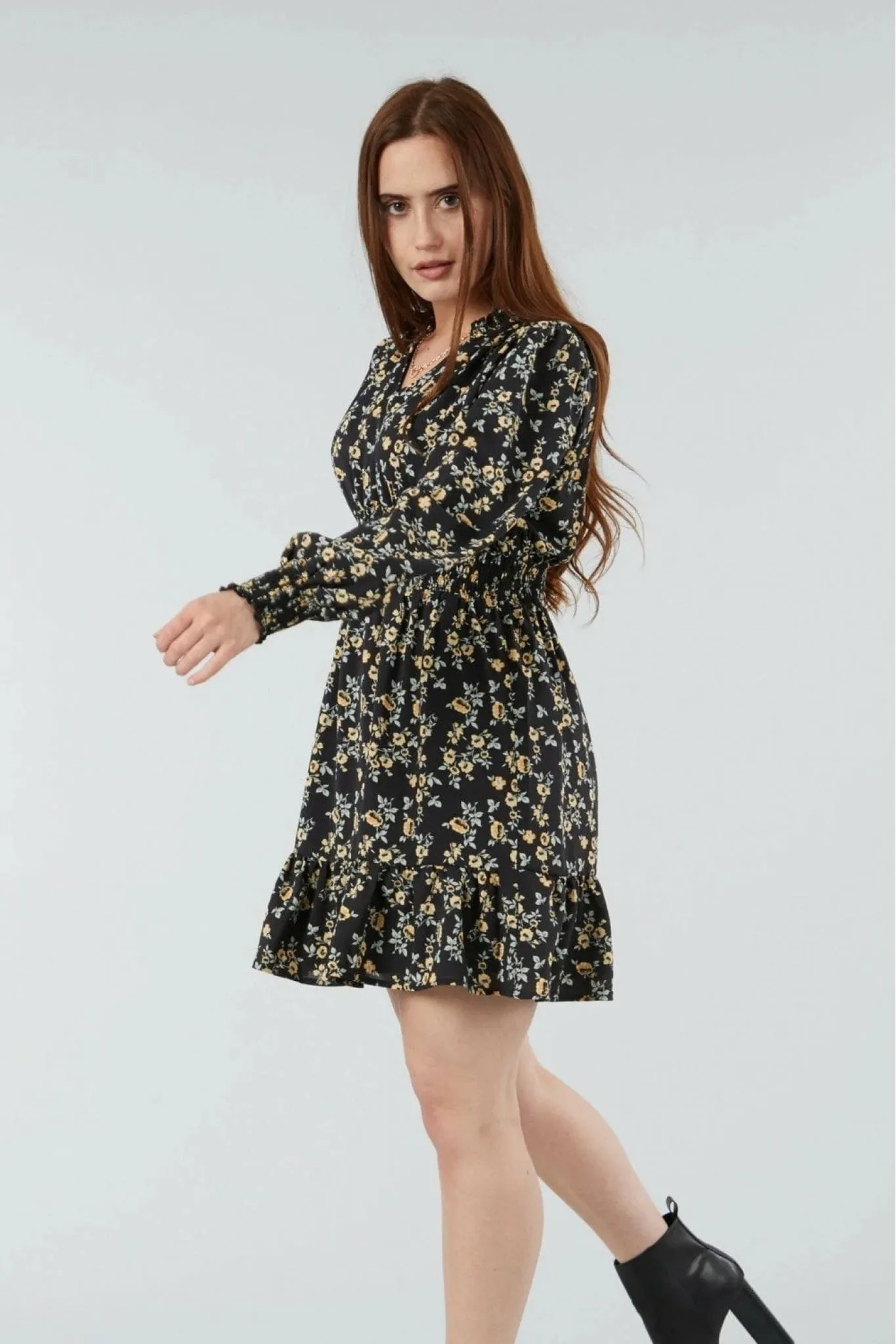 Double Second Black Printed Shirring Waist Dress