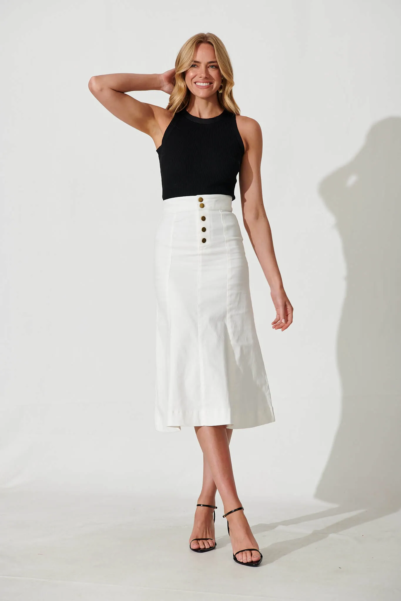 Eclaire Midi Denim Skirt In White