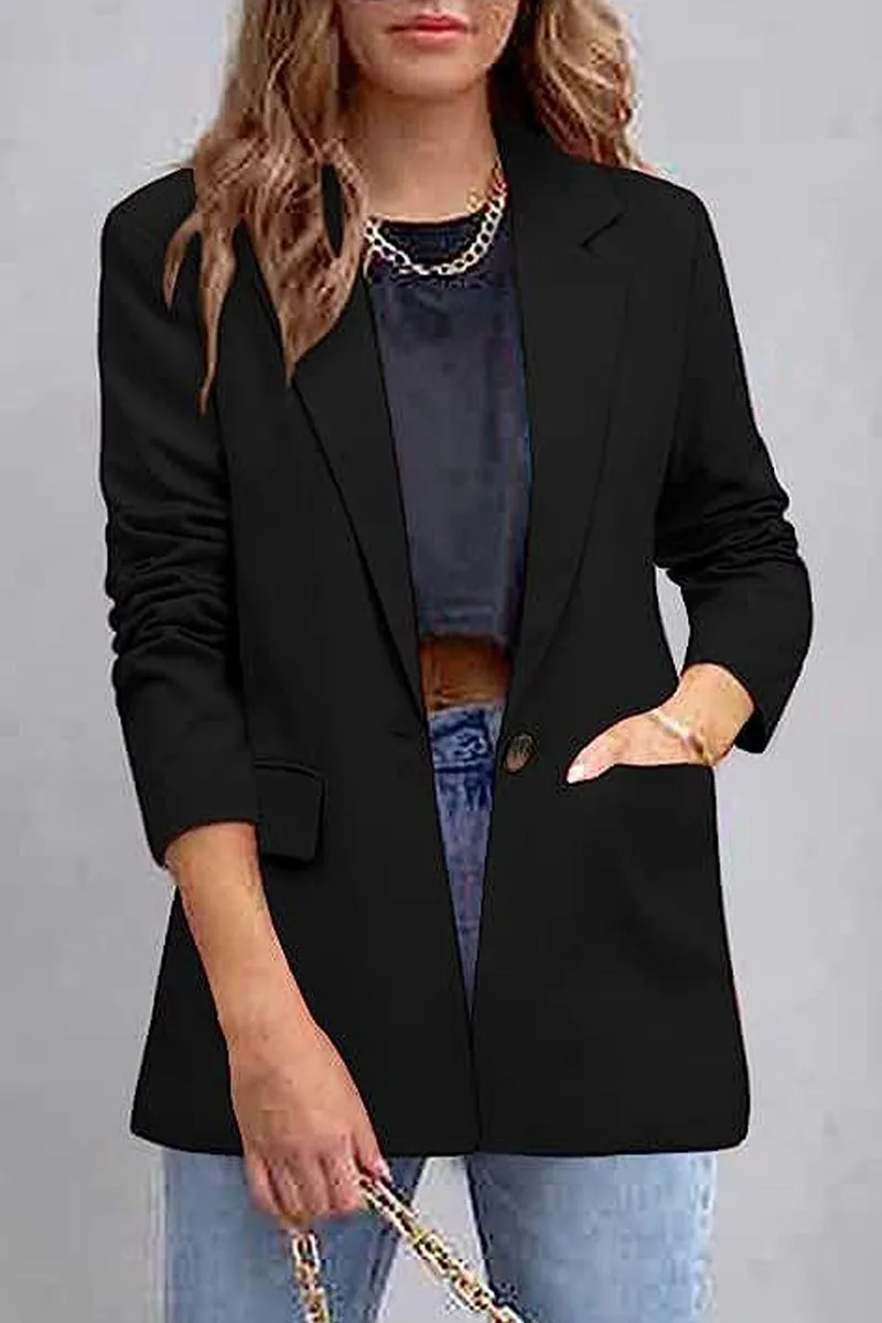 Elegant Solid Pocket Turn-back Collar Outerwear