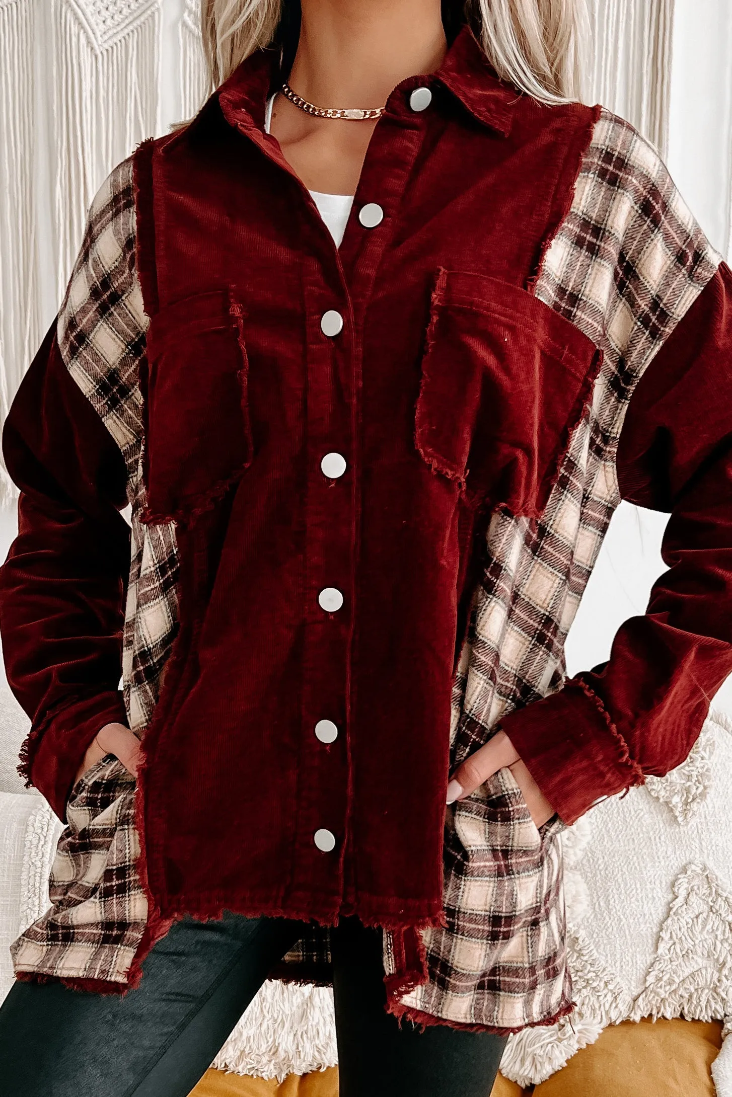 Embracing Change Corduroy/Plaid Shacket (Burgundy Combo)