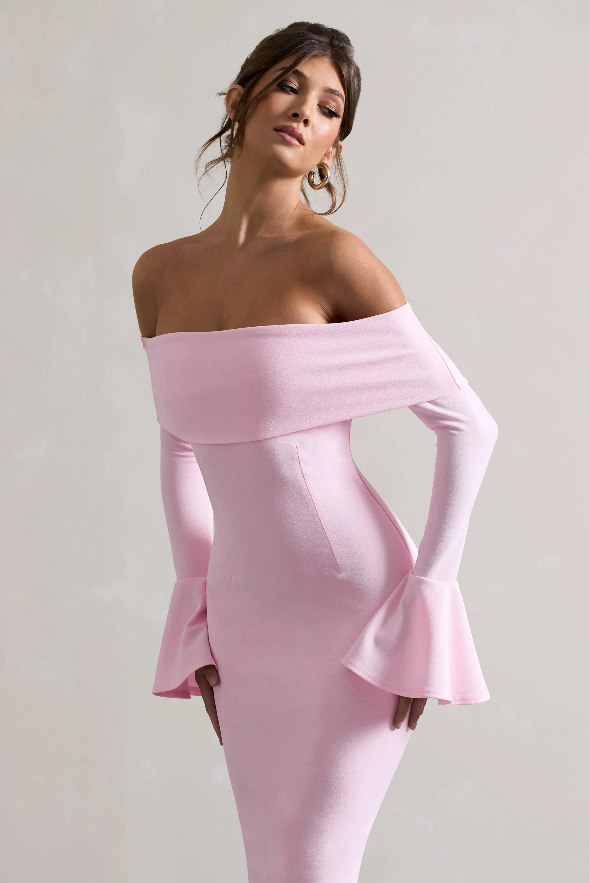 Emma | Pink Bardot Flared-Sleeve Midi Dress