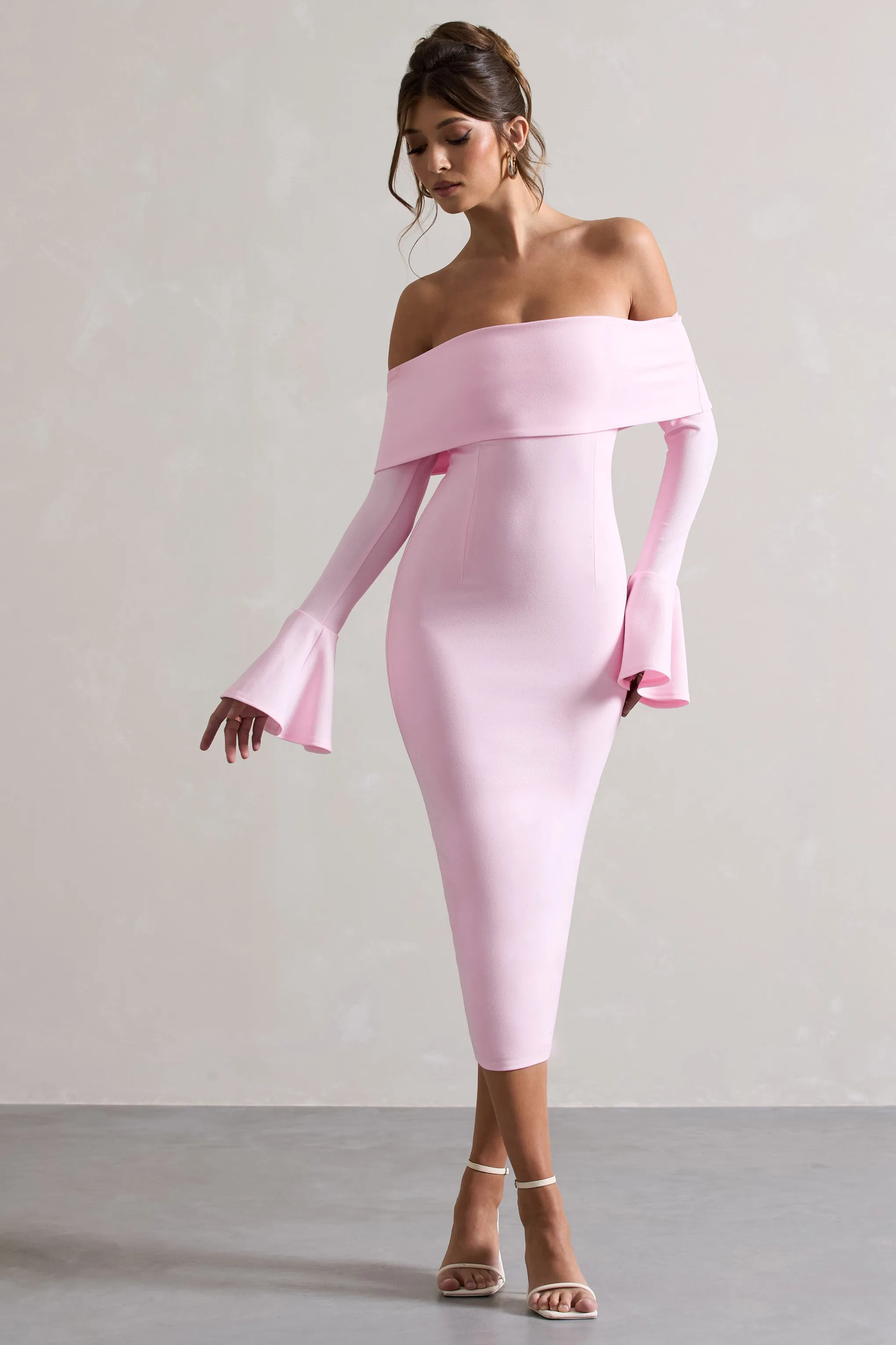 Emma | Pink Bardot Flared-Sleeve Midi Dress