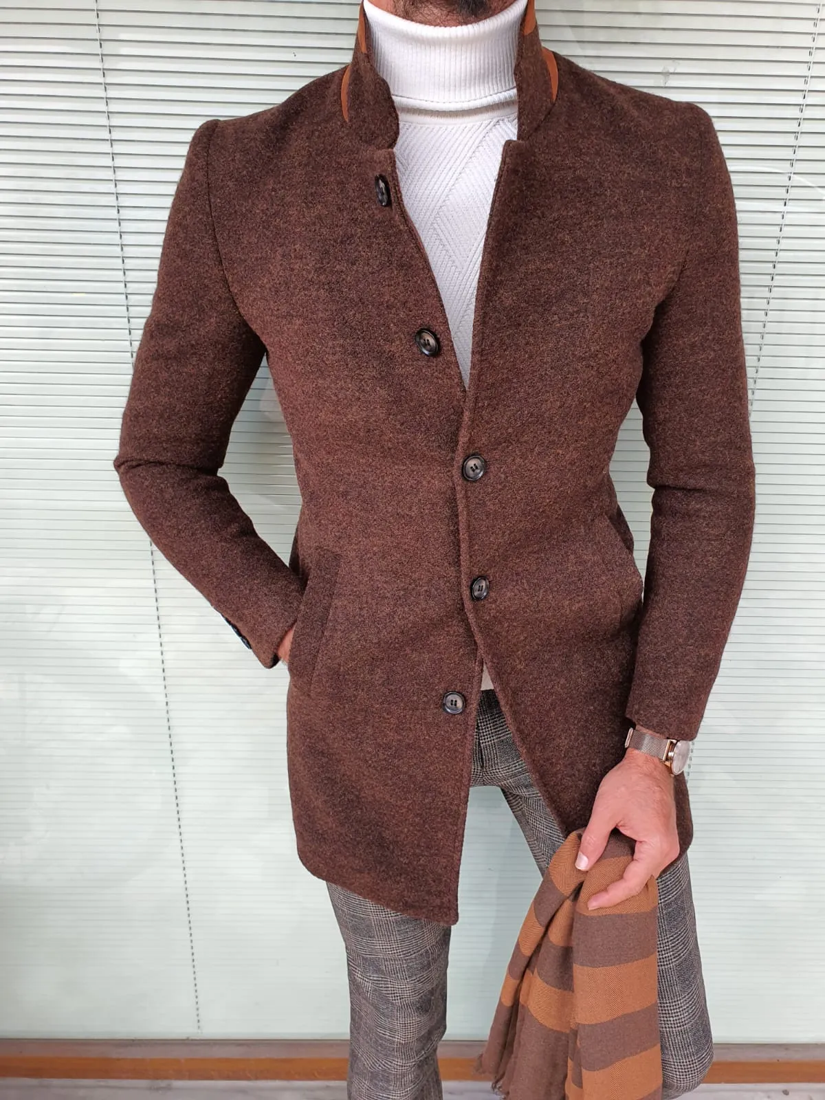 Eros Brown Slim Fit Wool Long Coat