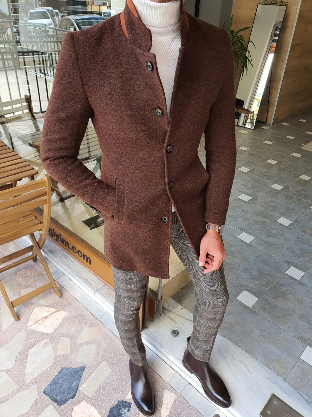 Eros Brown Slim Fit Wool Long Coat