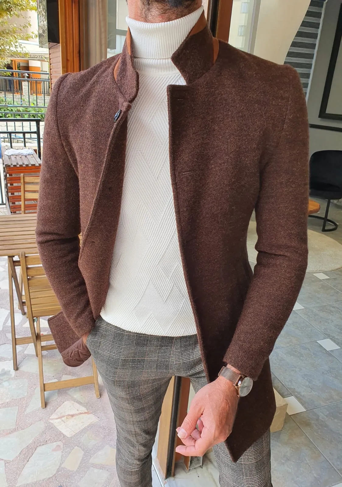 Eros Brown Slim Fit Wool Long Coat