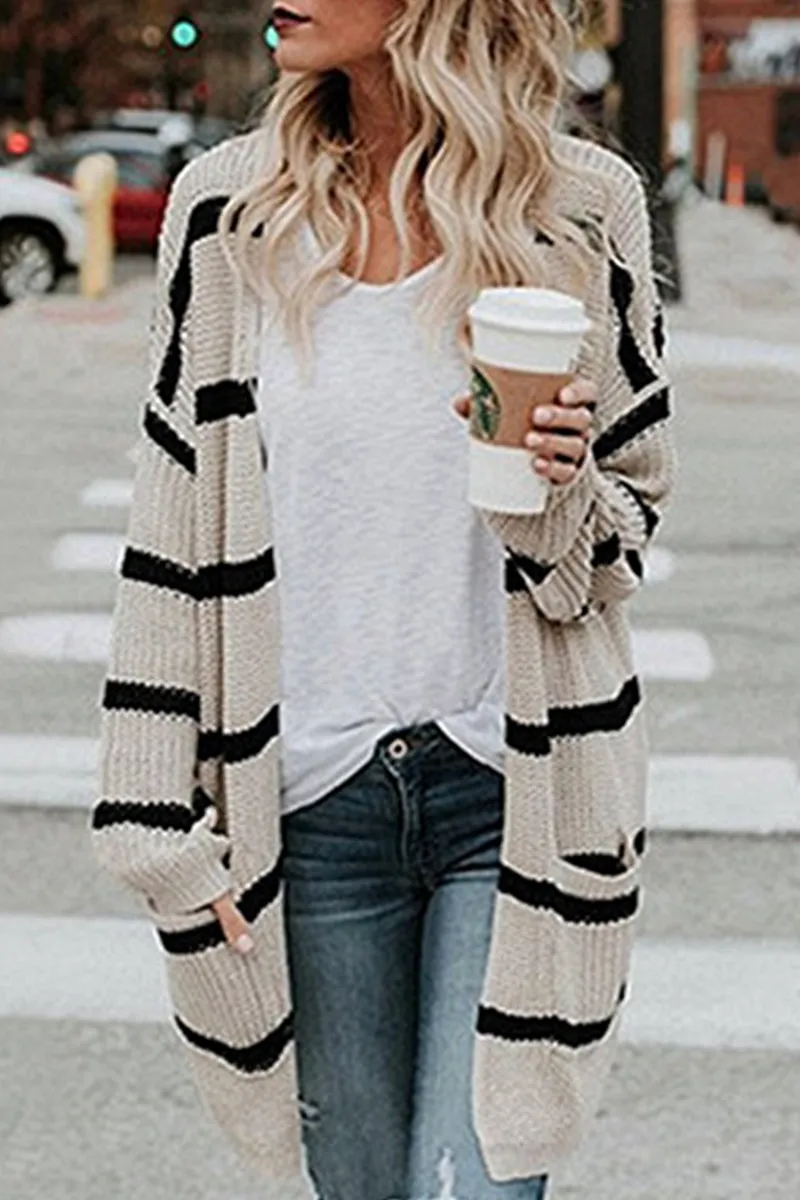 Fashion Striped Split Joint Cardigan Collar Outerwear